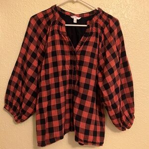 Time and Tru Button-Down Top Women's Navy Salmon Plaid Cotton Used - Size L